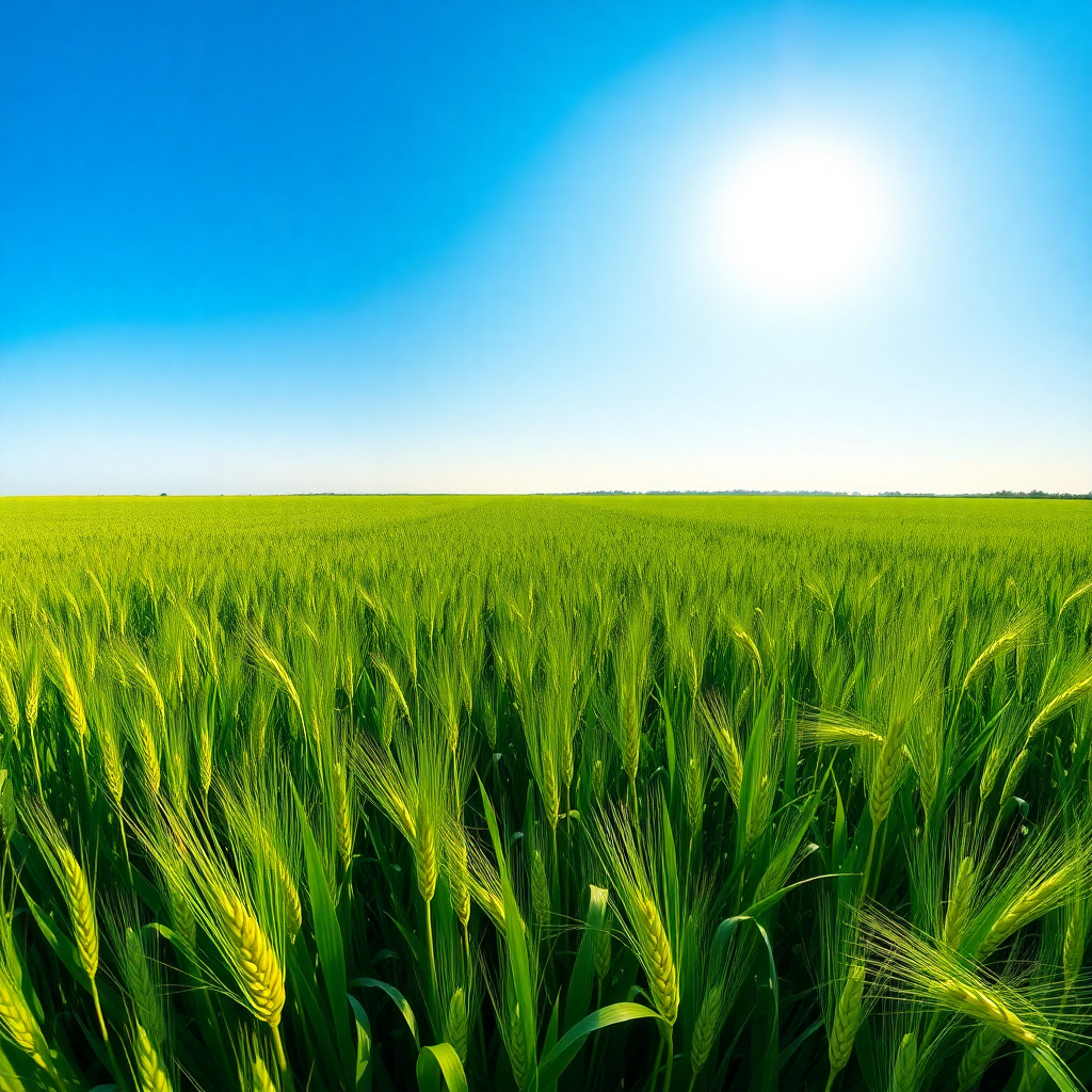 Lush green wheat field under blue sky