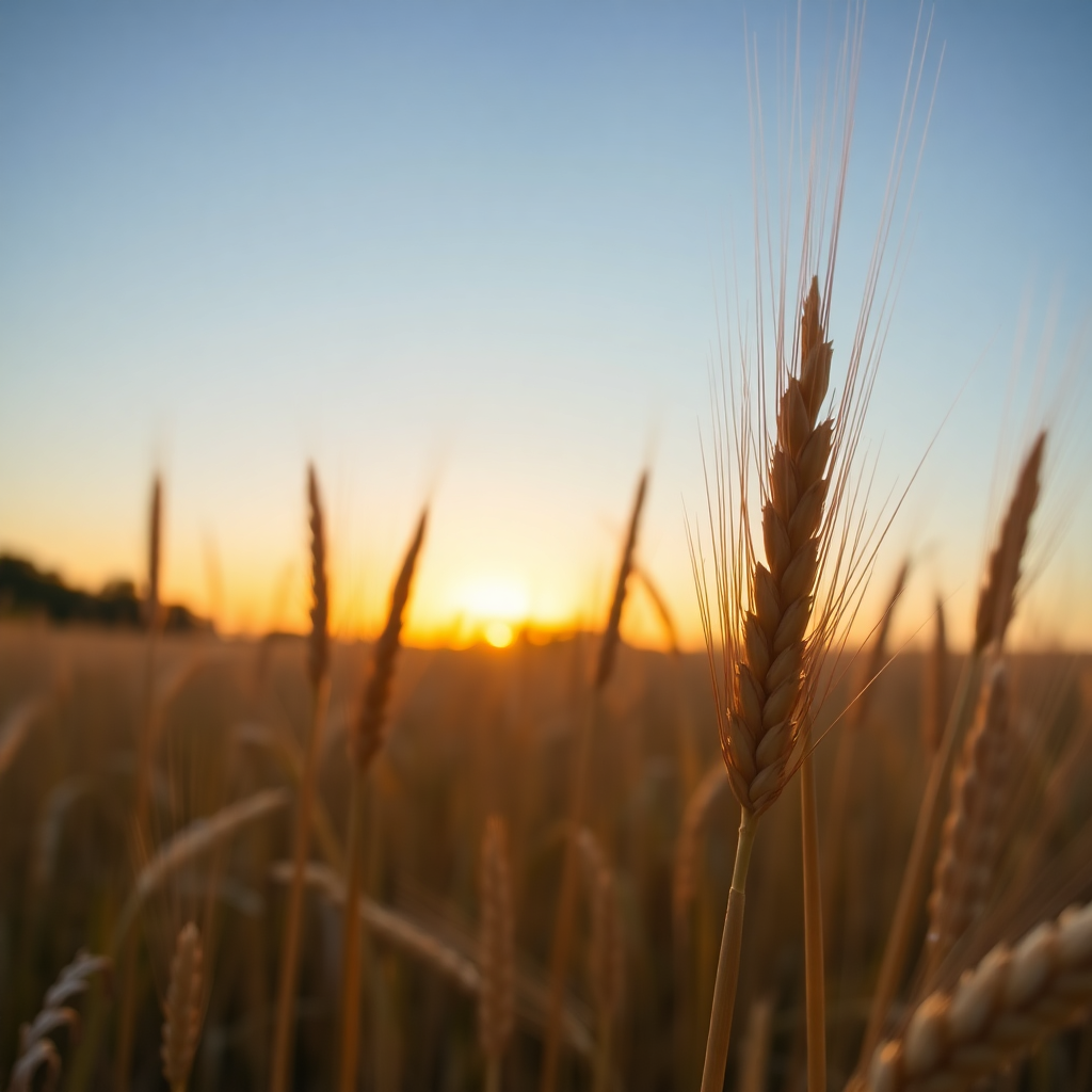 Golden ripe wheat spikes during sunset