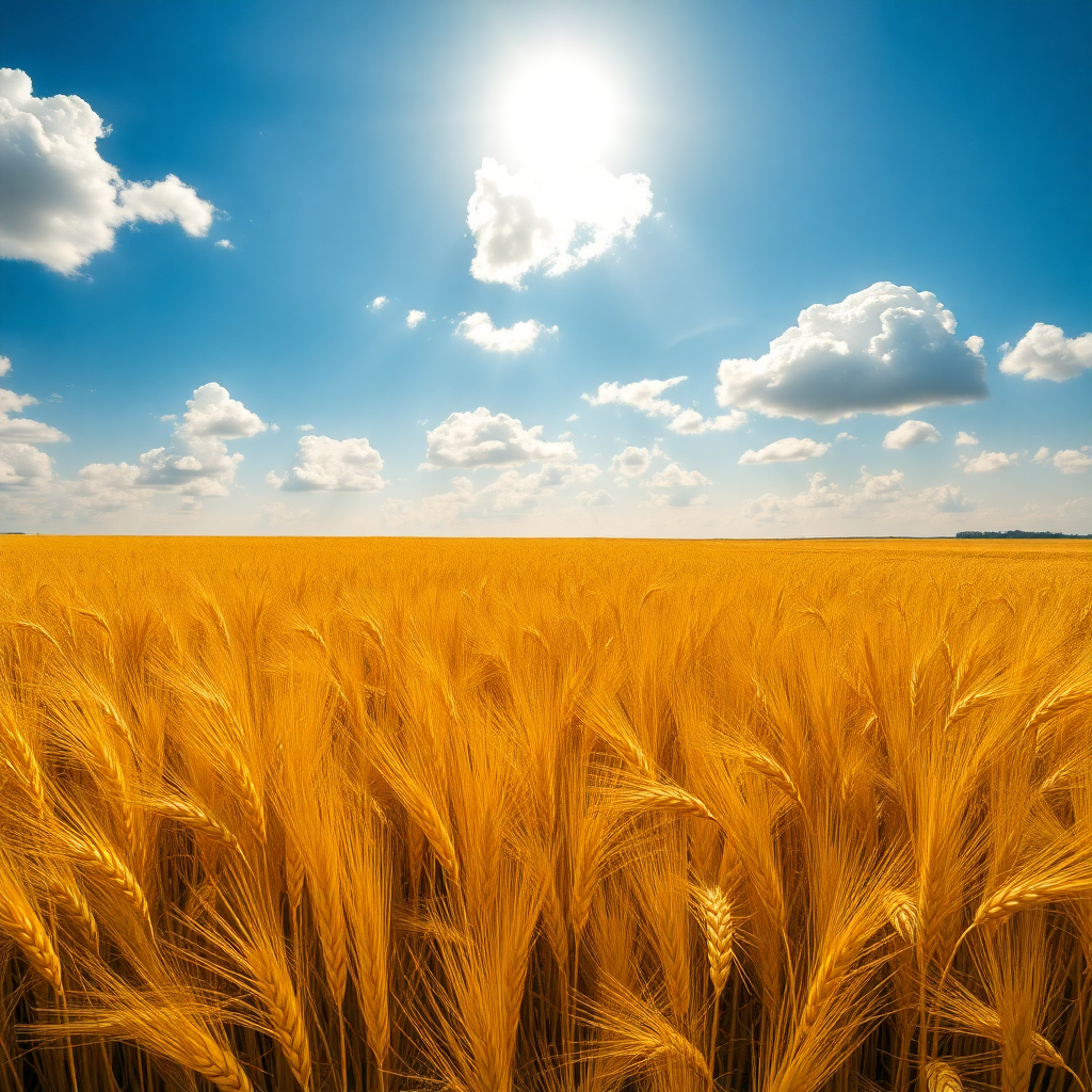 Golden wheat field under bright blue sky
